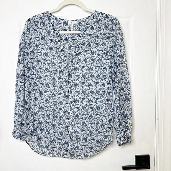 JOIE Long‎ Sleeve Button Down Monkey Elephant Cotton Silk Blend Size XS - Picture 1 of 6
